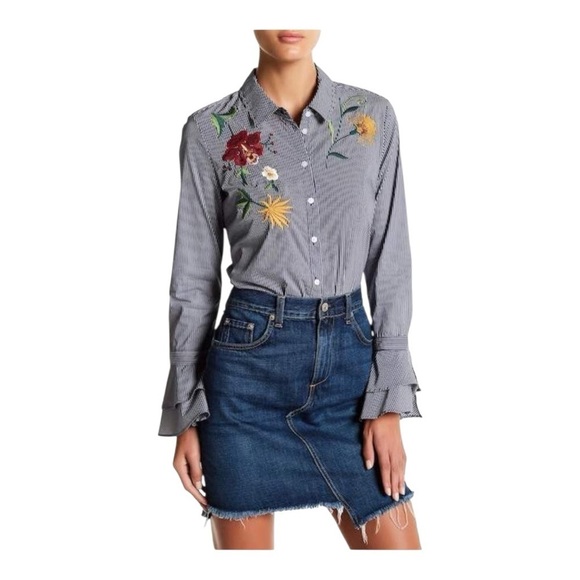 14th & Union Tops - 14th & Union Chic Pinstripe Floral Embroidered Button-Up Shirt